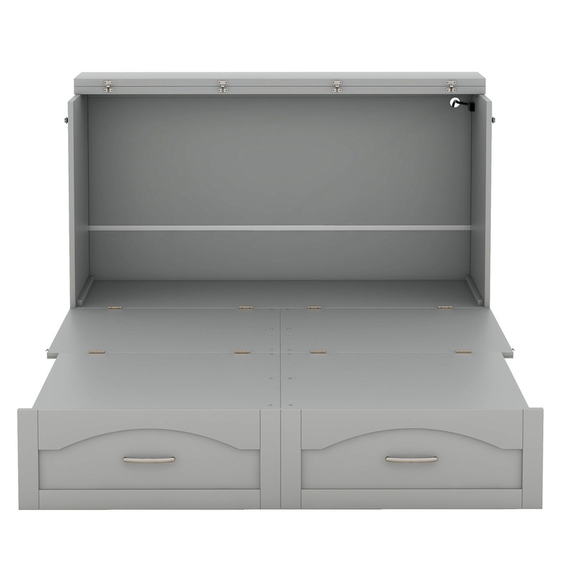 Full Size Murphy Wall Bed With Drawer And A Set Of Sockets & USB Ports, Pulley Structure Design – Gray