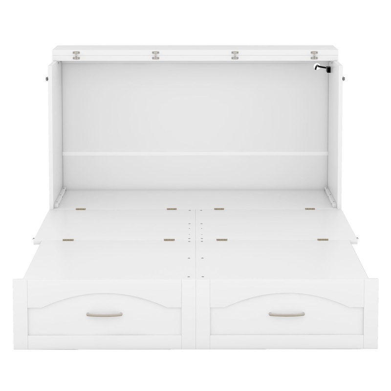 Full Size Murphy Wall Bed With Drawer And A Set Of Sockets & USB Ports, Pulley Structure Design – White