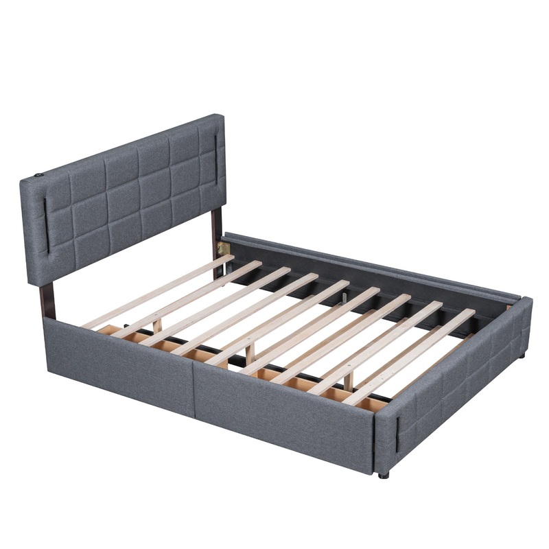 Queen Size Upholstered Platform Bed With Trundle And Drawers – Gray