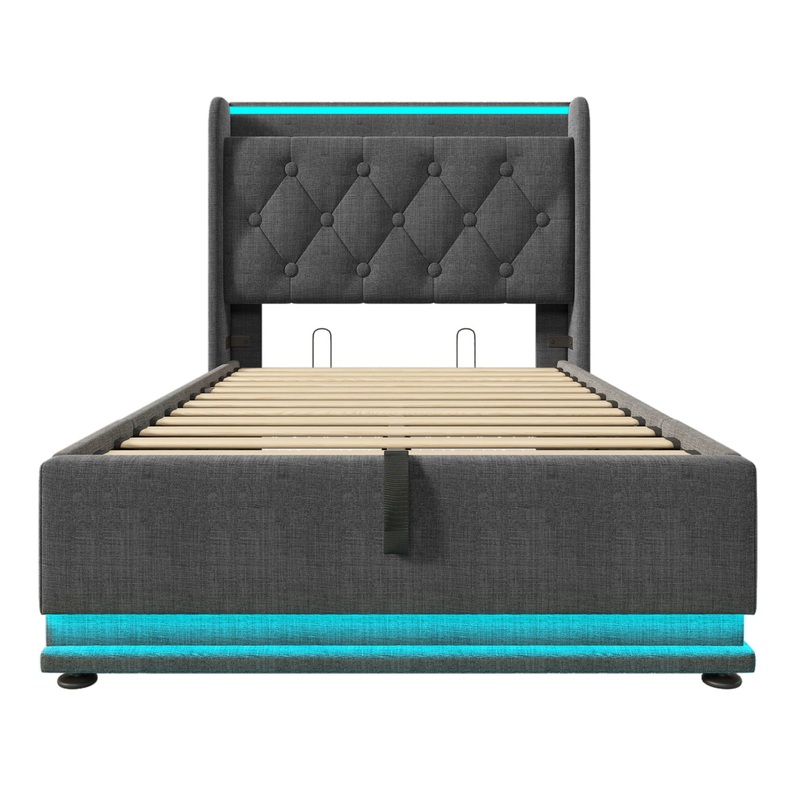 Twin Size Upholstered Bed, 360 Surround LED Function, Buttons / Apps / Remote Control, Hydraulic Storage Bed With USB Type-C Charging (Without Mattress) – Gray