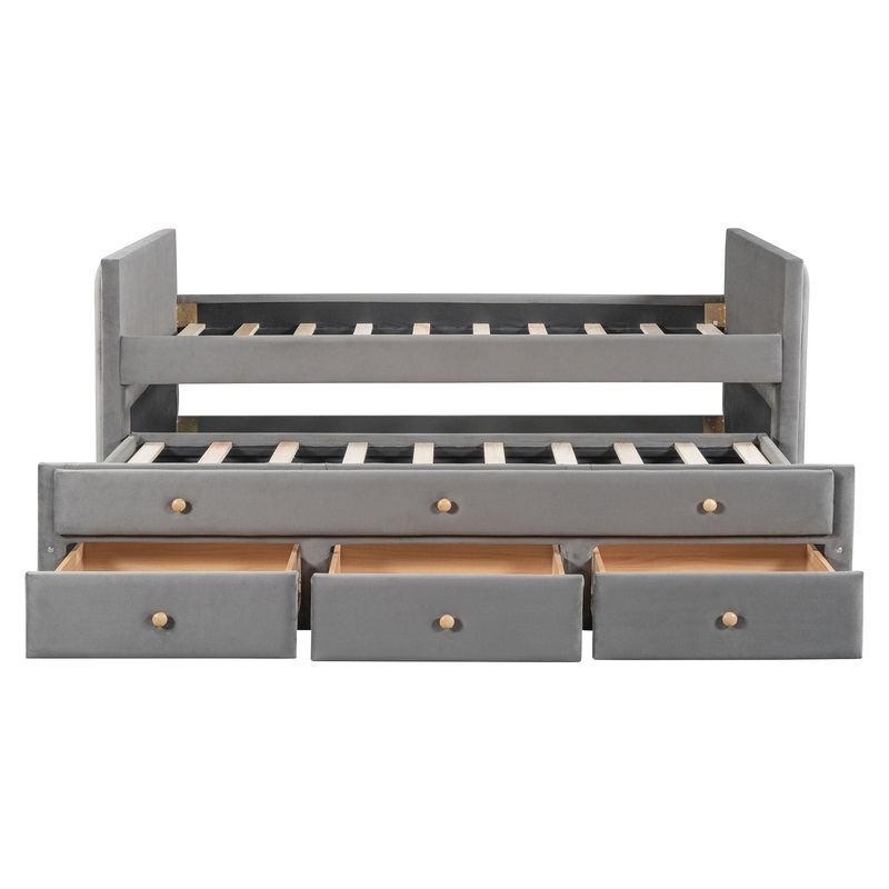 Twin Size Upholstered Daybed With Twin Size Trundle And Drawers – Gray