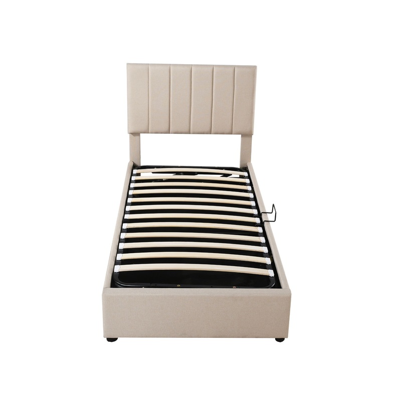 Twin Size Upholstered Platform Bed With A Hydraulic Storage System – Beige
