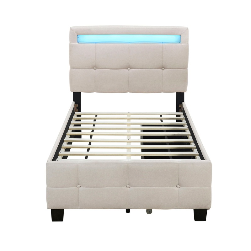 Twin Size Upholstered Platform Bed With LED Frame And 2 Drawers – Beige