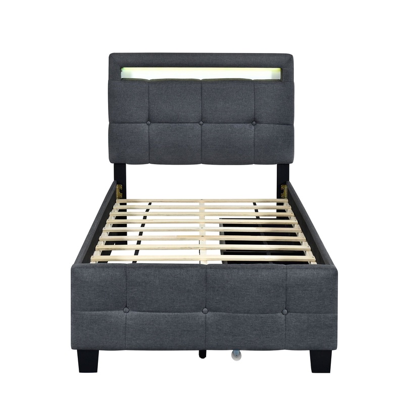 Twin Size Upholstered Platform Bed With LED Frame And 2 Drawers – Gray