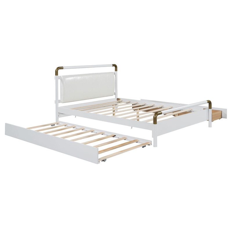 Queen Size Storage Platform Bed, With 2 Big Drawers, Twin Long Size Trundle – White